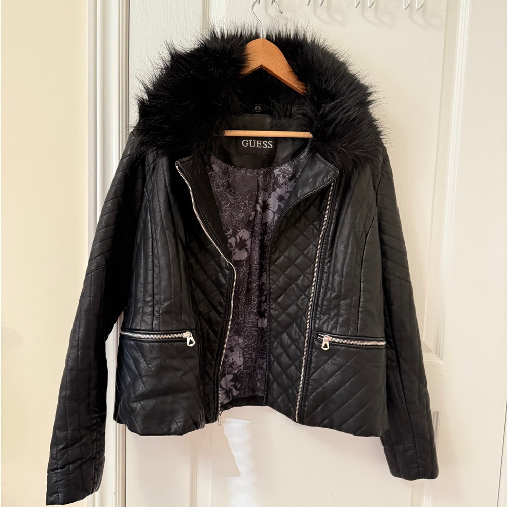 Guess Black Quilted Jacket with Faux Fur Trim